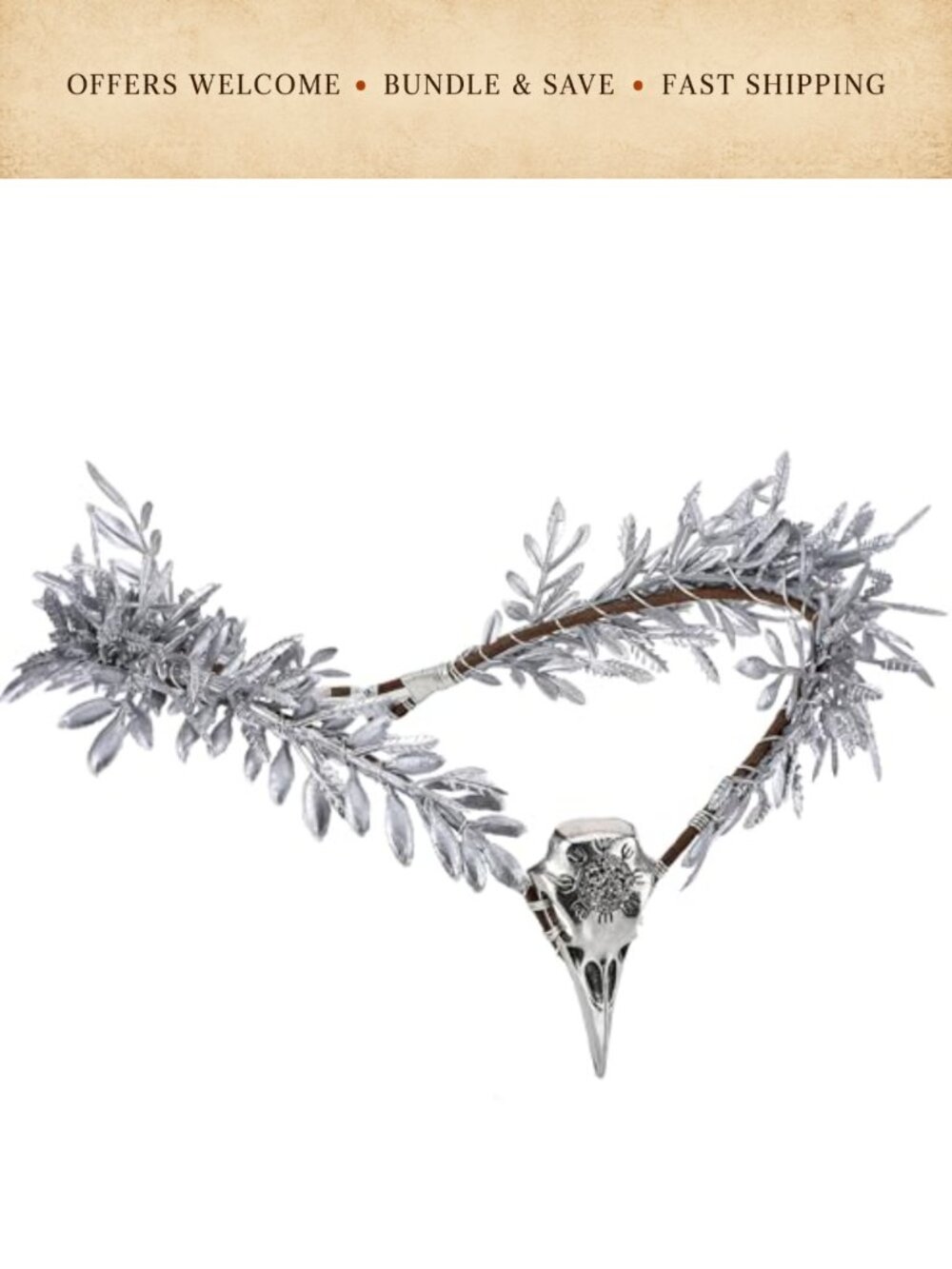 Raven Skull Flower Crown Gothic Elf Circlet Handmade Adjustable